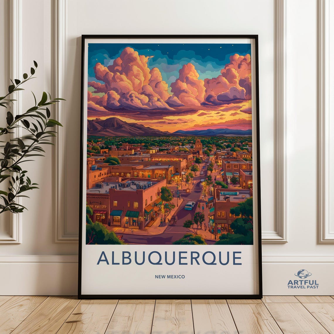 Albuquerque New Mexico Wall Art Cityscape Sunset Print Colorful Clouds Skyline Artwork Southwestern Decor For Home