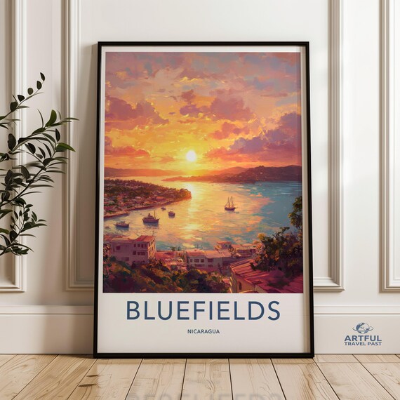 Bluefields Nicaragua Sunset Over Harbor with Boats Travel Poster