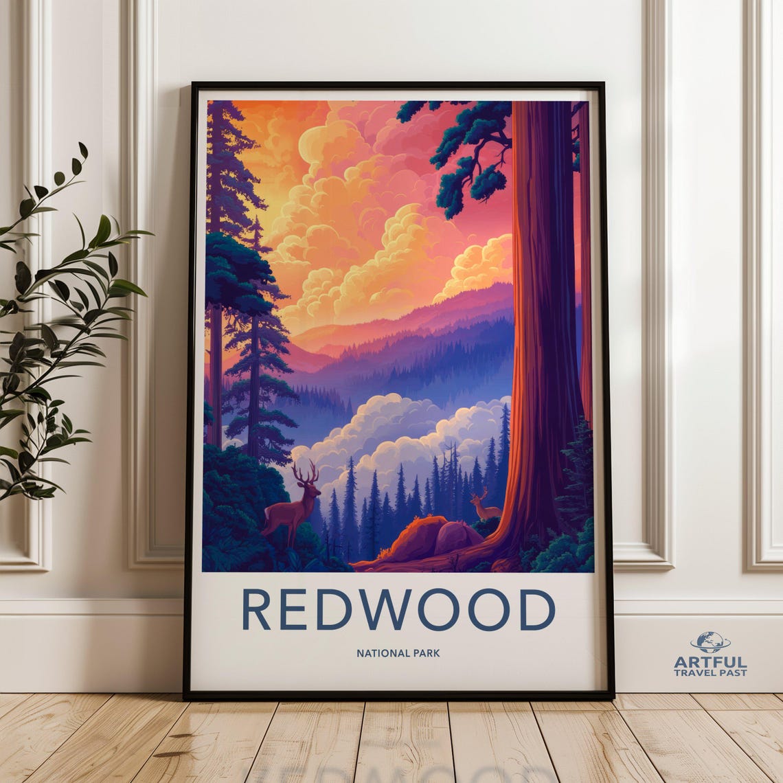 Redwood National Park Sunset Giant Trees Deer Vintage Travel Poster