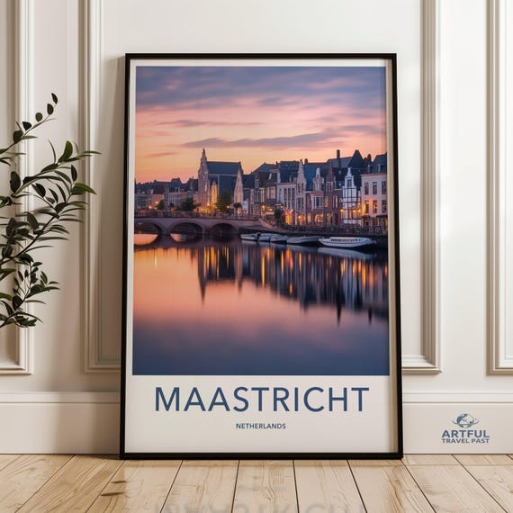 Maastricht Cityscape Wall Art Europe Travel Poster Dutch Architecture Print Evening City View Netherlands Decor
