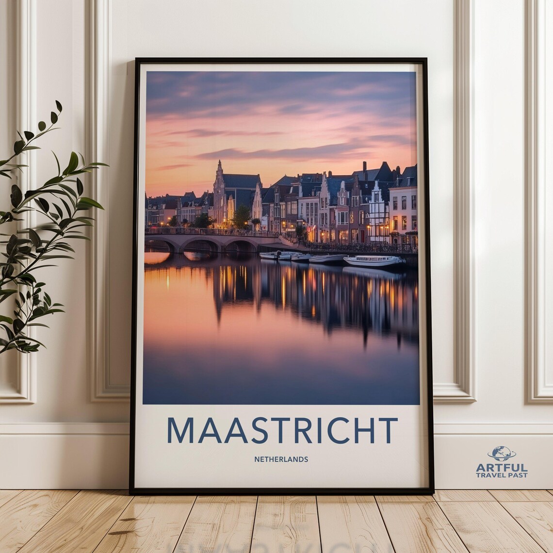 Maastricht Netherlands Sunset Canal Cityscape Travel Art Poster