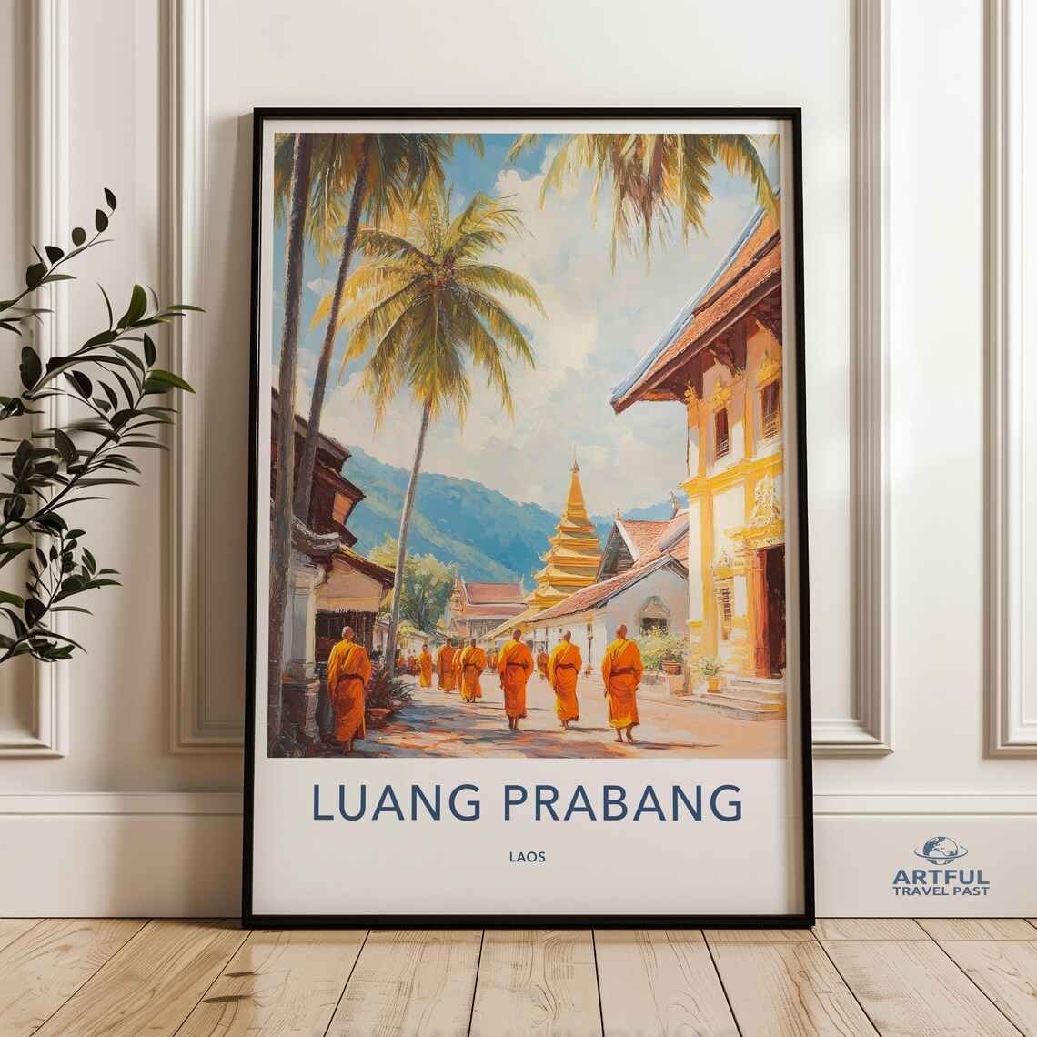 Luang Prabang Laos Monks Temples Tropical Street Travel Poster