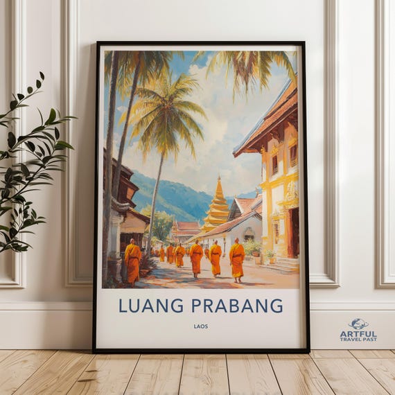Luang Prabang Laos Wall Art Print Monks Walking Tropical Buddhist Temple Landscape Fine Home Decor Travel Poster