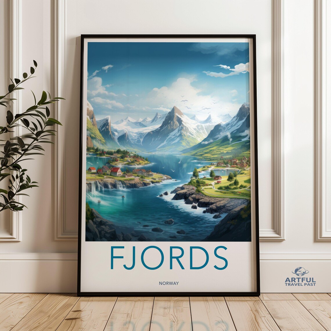 Norway Fjords Mountain Lake Village Retro Travel Wall Decor Poster