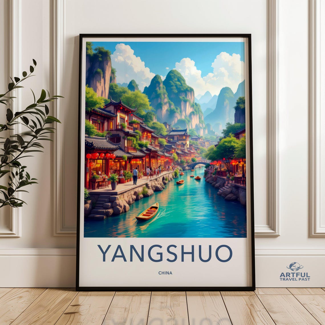 Yangshuo China Karst Mountain River Town Lantern Travel Poster