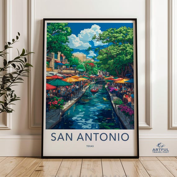 San Antonio Wall Art Texas Riverwalk Print Colorful Cityscape Poster Vibrant Downtown Artwork Travel Decor Scenic Illustration