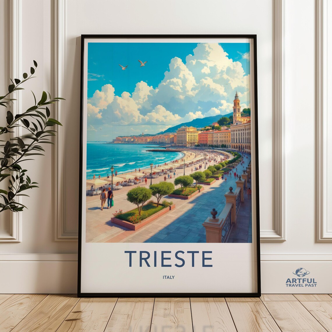 Trieste Italy Vintage Travel Poster With Seaside Promenade Art