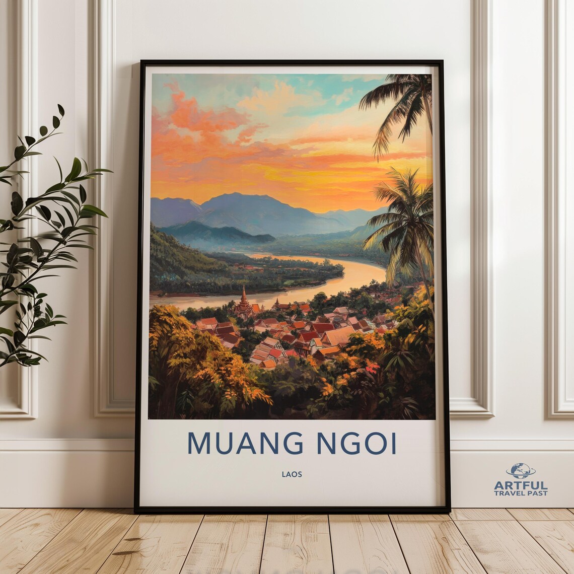 Muang Ngoi Laos Riverside Village Sunset Mountain Travel Poster