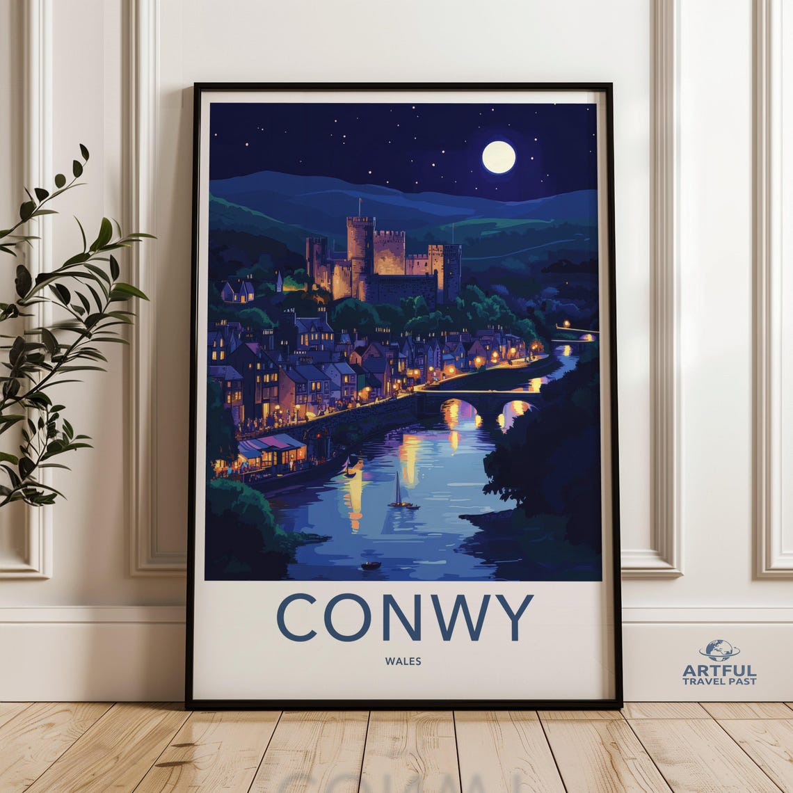 Conwy Wales Castle Nightscape Moonlit Town River Travel Poster