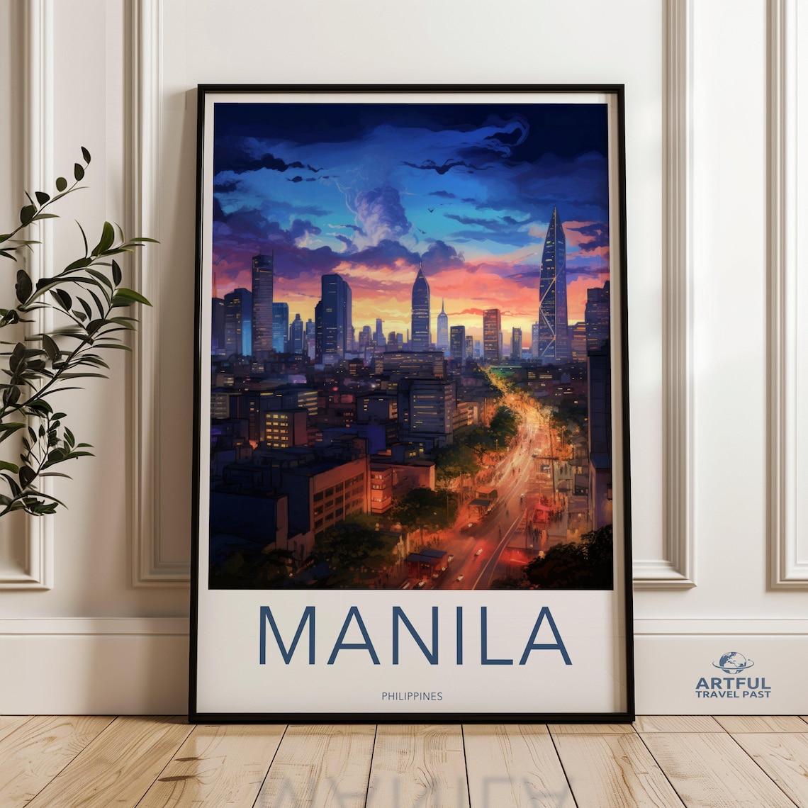 Manila Skyline Travel Poster, Illustrated Cityscape