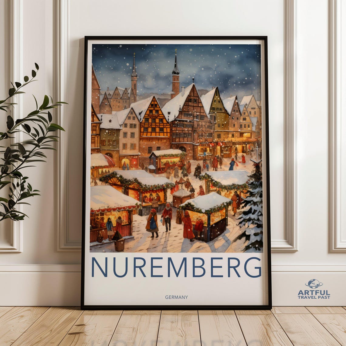 Nuremberg Germany Christmas Market Snowy Night Vintage Travel Poster