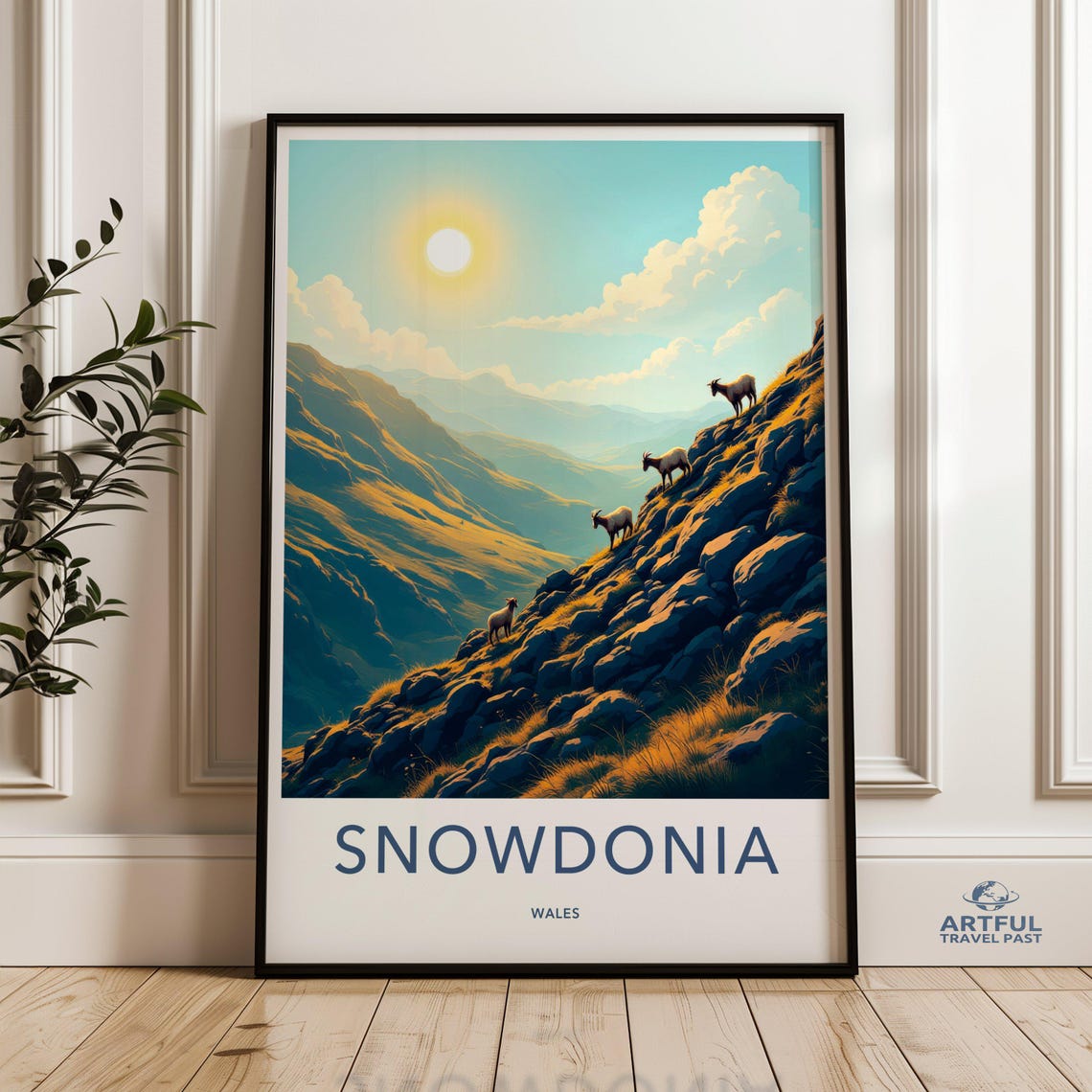 Snowdonia Wales Mountain Goat Travel Poster Sunset Summit View