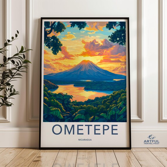 Ometepe Island Nicaragua Volcano Sunset Lake Vintage Travel Poster