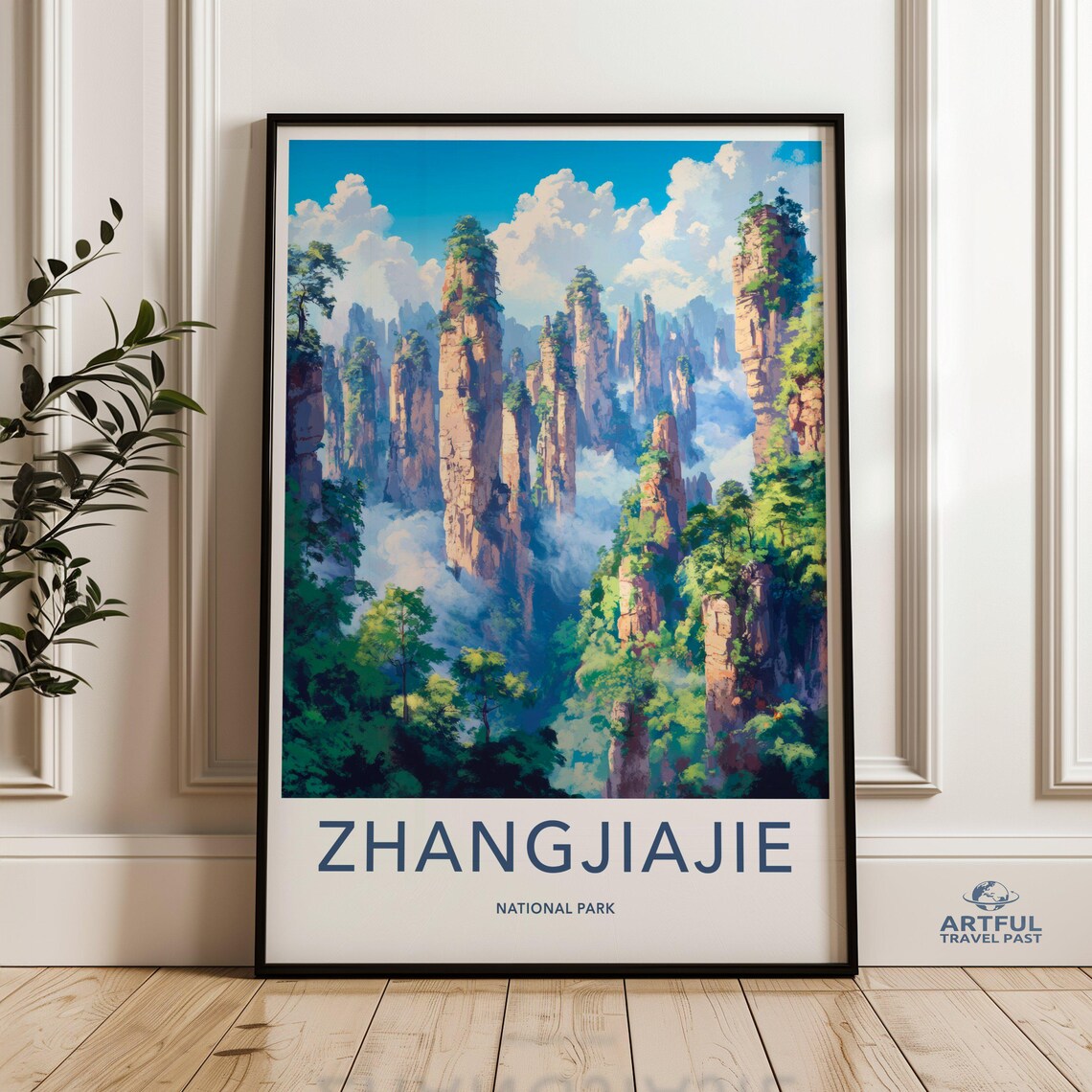 Zhangjiajie National Park Sandstone Pillars Mist Vintage Travel Poster