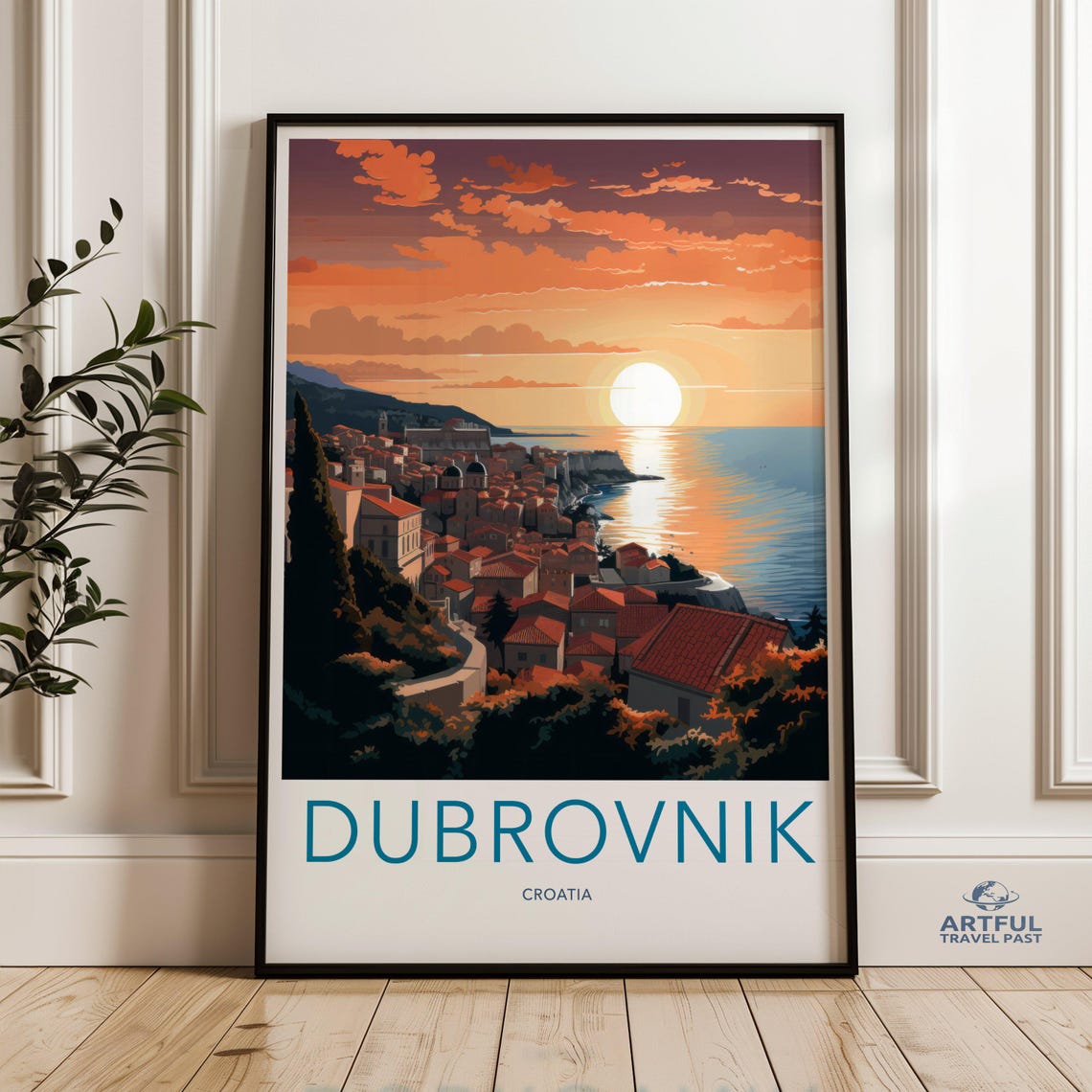 Dubrovnik Croatia Sunset Coastal Old Town Vintage Travel Poster