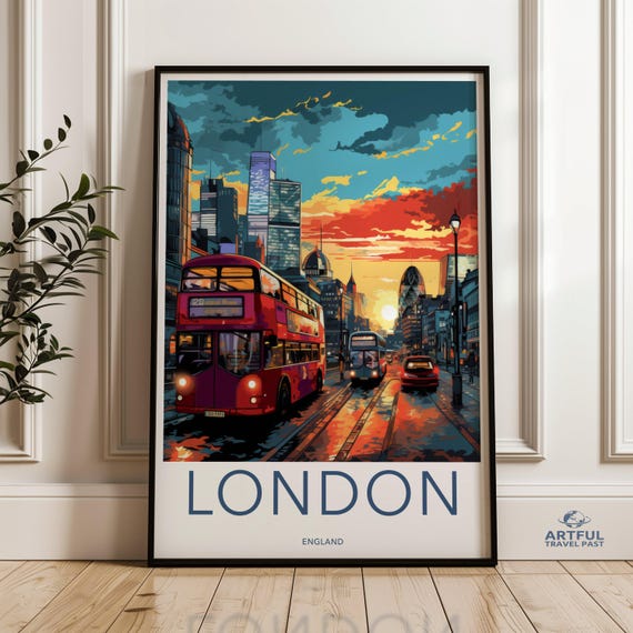 London Wall Art Vintage Cityscape Poster Skyline Print Red Bus Artwork Urban Landscape Decor Travel Souvenir
