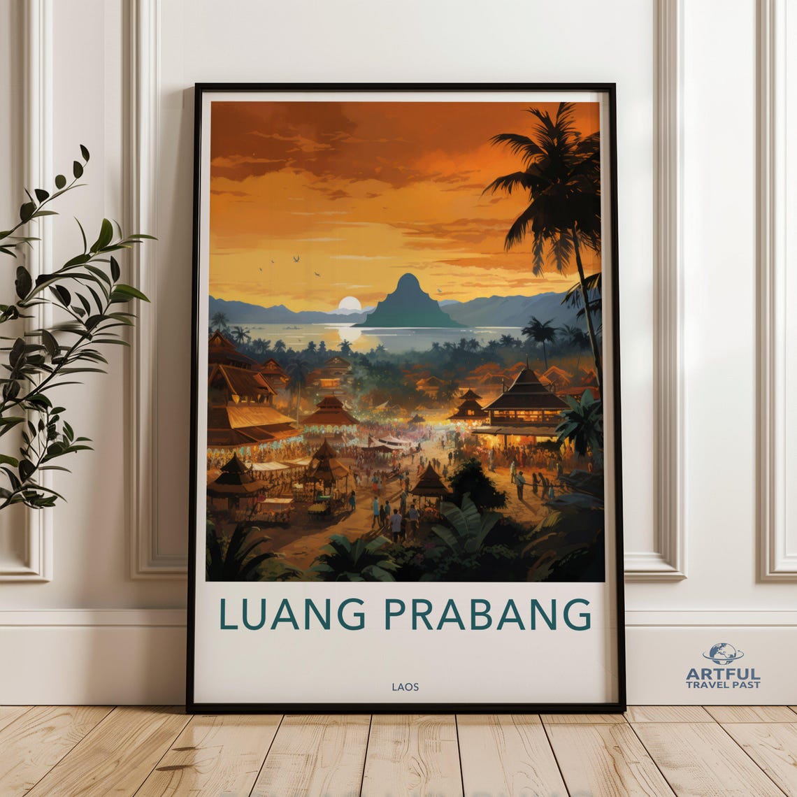 Luang Prabang Laos Retro Sunset River Market Evening Travel Poster