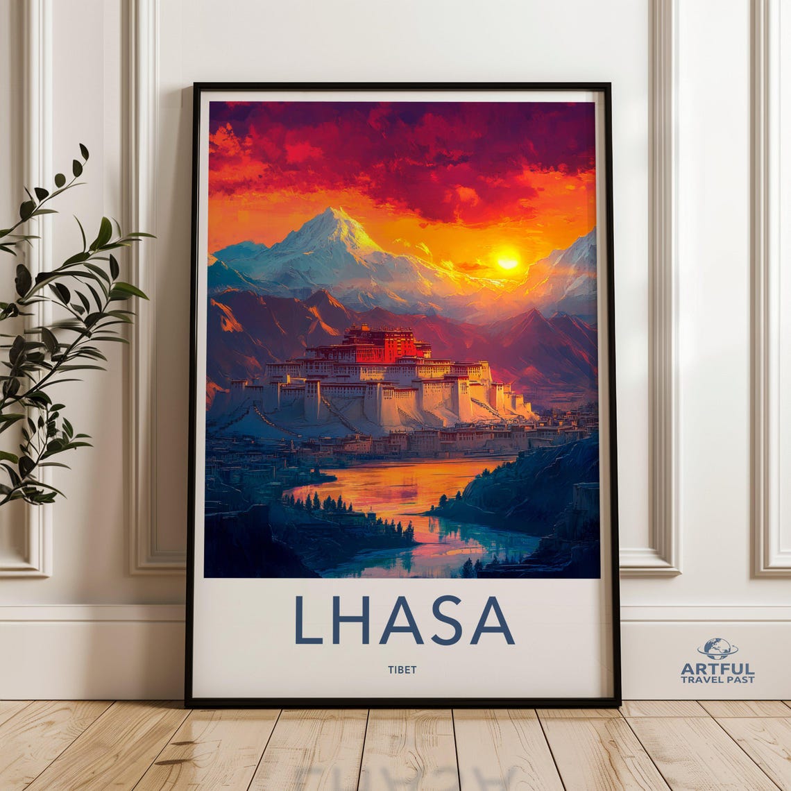 Lhasa Tibet Potala Palace Sunset Mountain Lake Vintage Travel Poster