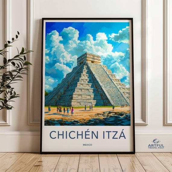 Chichen Itza Wall Art Mexican Landmark Poster Ancient Ruins Decor Pyramid Illustration Travel Destination Print