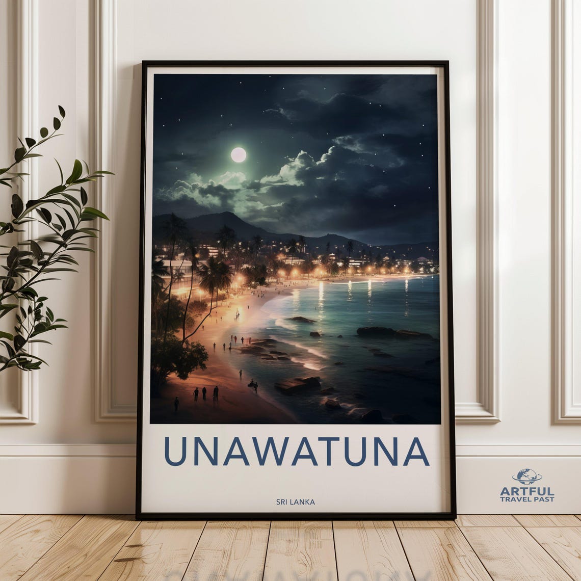 Unawatuna Sri Lanka Night Beach Travel Poster Moonlit Coast Art