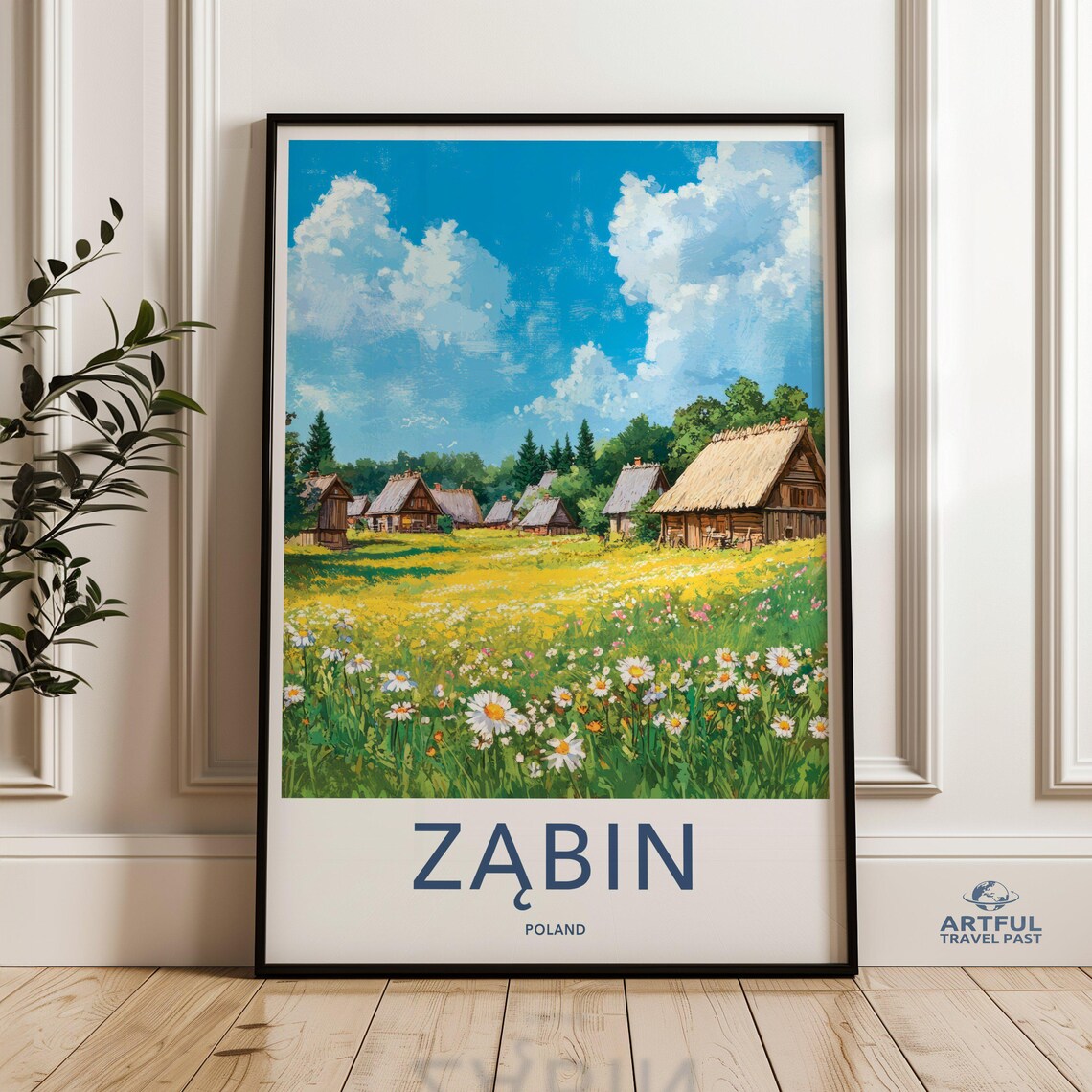 Zabin Poland Village Thatched Cottages Wildflower Meadow Travel Poster