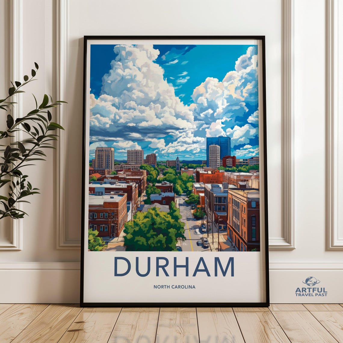 Durham North Carolina Downtown Skyline Travel Poster Art View