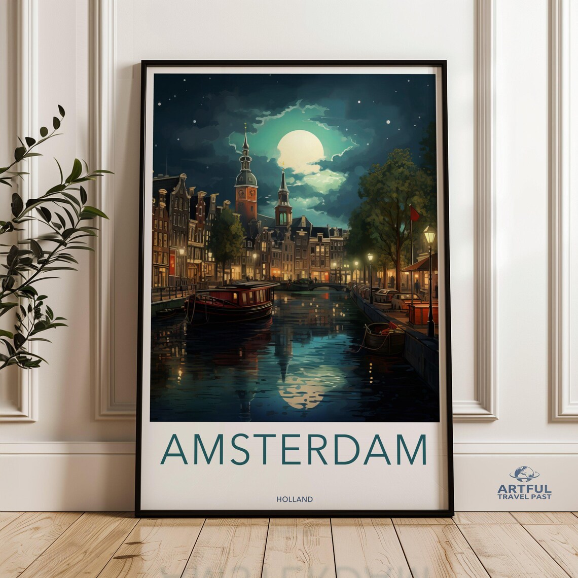 Amsterdam Holland Moonlit Canal Night Towers City Travel Poster