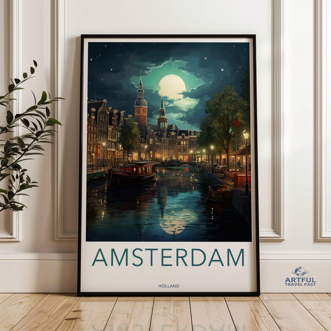 Amsterdam Nightscape Wall Art Cityscape Print For Home Decor Scenic Canal Moonlit Poster