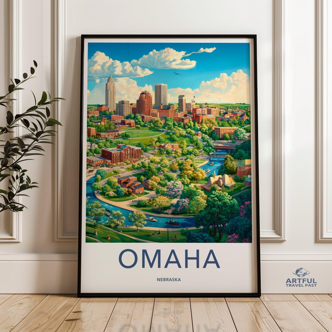 Omaha Nebraska Skyline River Park Cityscape Midwest Travel Poster