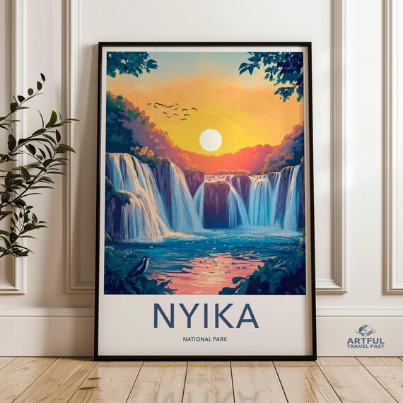 Nyika National Park Waterfalls Golden Sunset Birds Nature Poster
