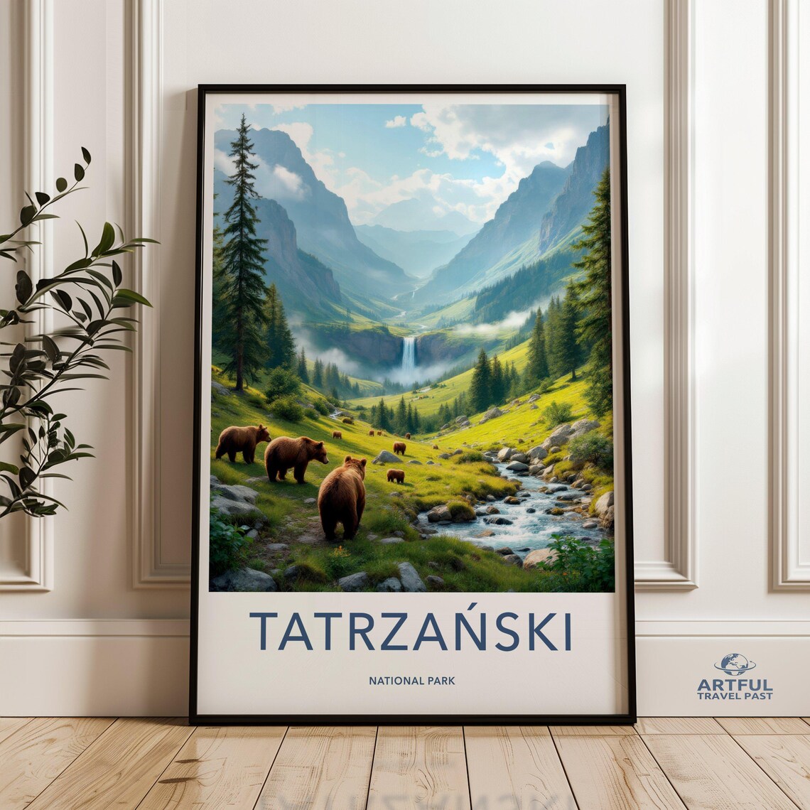 Tatrzanski National Park Poster Bears in Lush Green Alpine Valley Scene