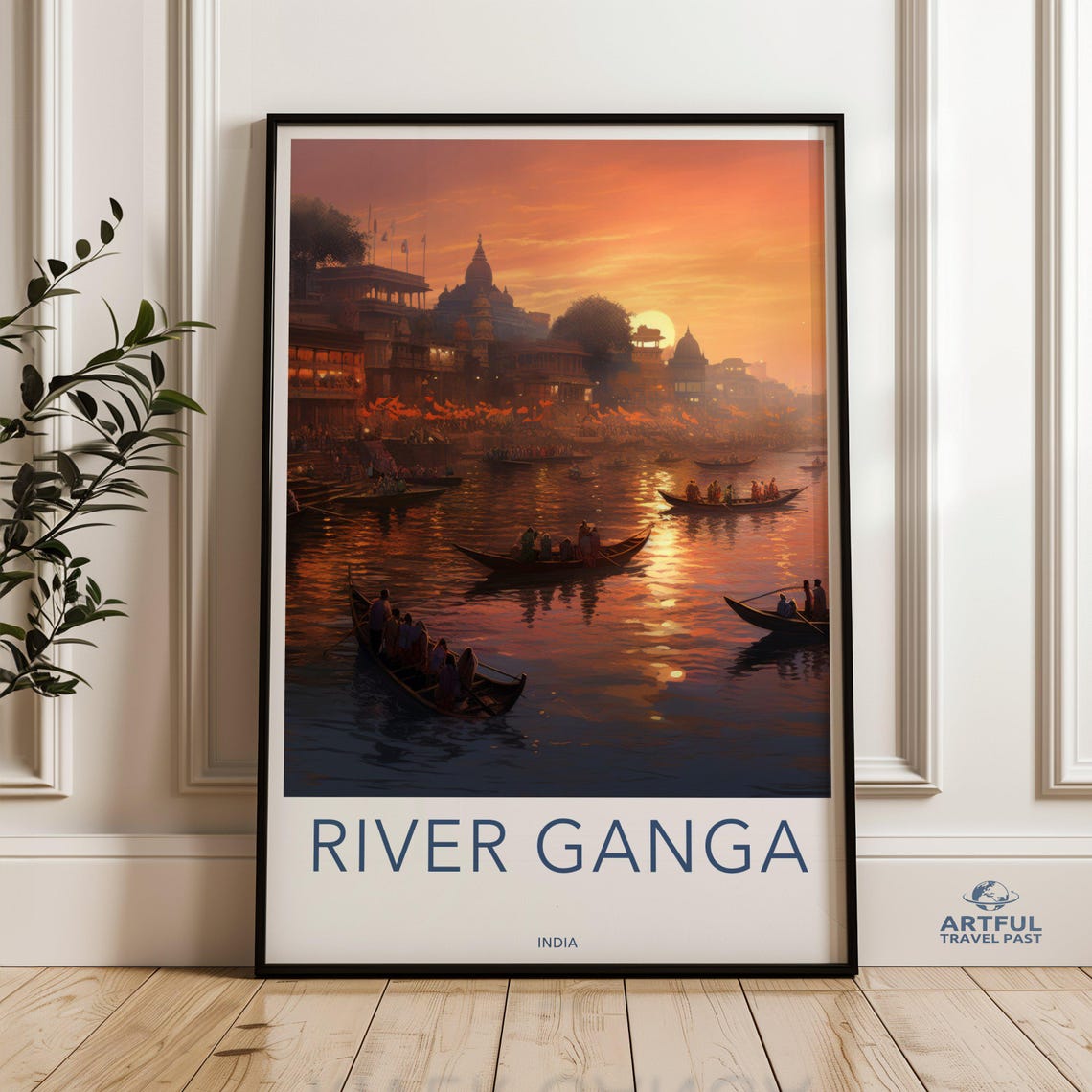 River Ganga India Sunset Boating Scene Vintage Travel Poster