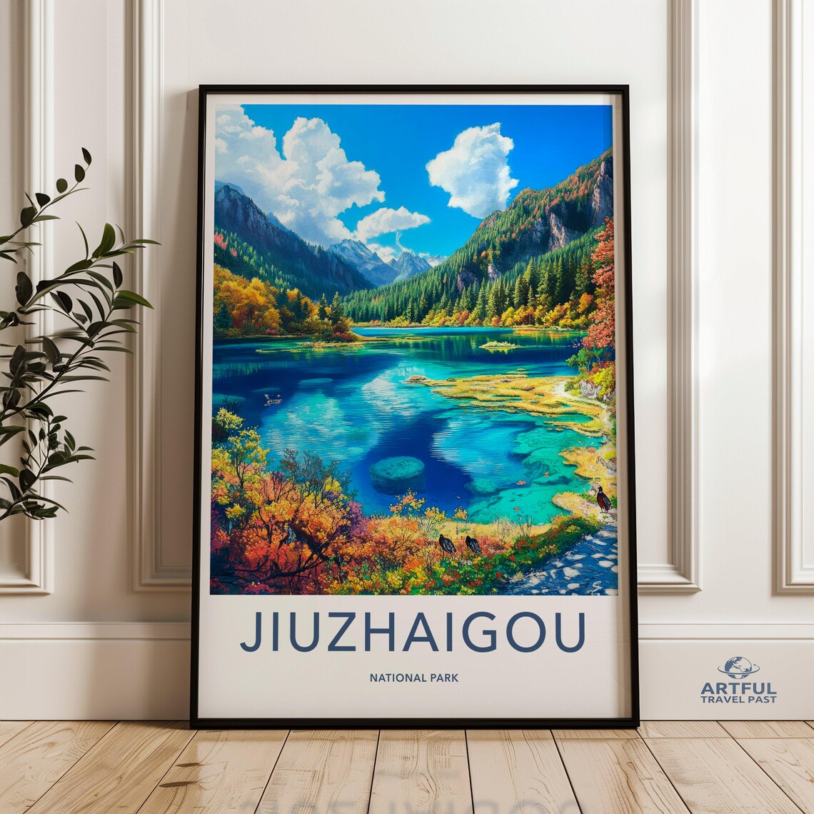 Jiuzhaigou National Park Turquoise Lake Autumn Mountains Travel Poster