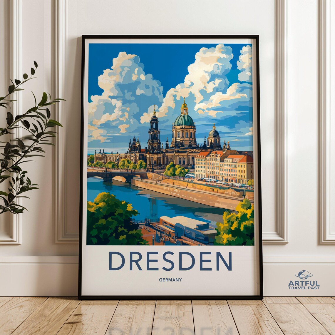 Dresden Germany Travel Poster Elbe River Old Town Skyline Vintage Art