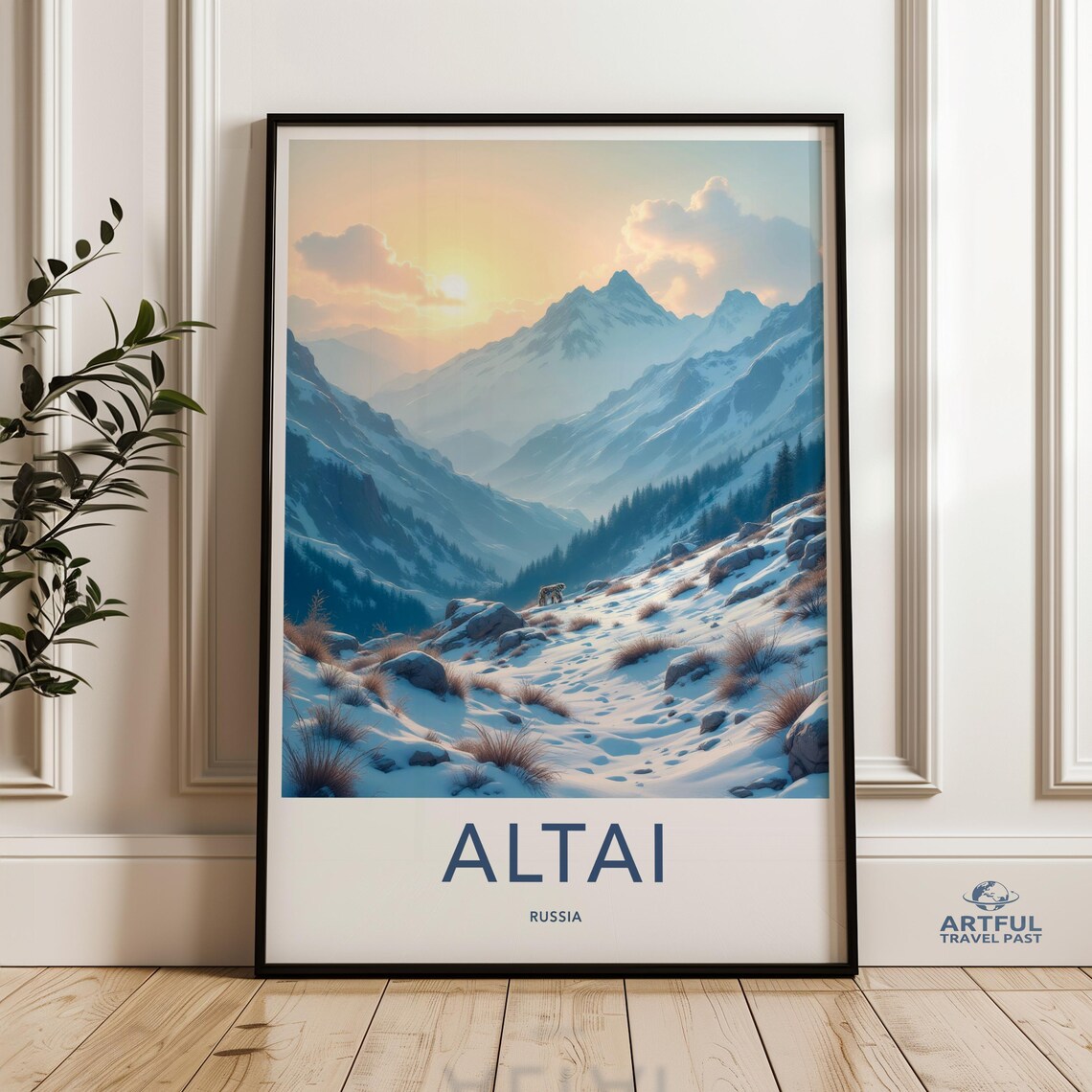 Altai Russia Snowy Mountain Sunrise Deer Vintage Travel Poster Art