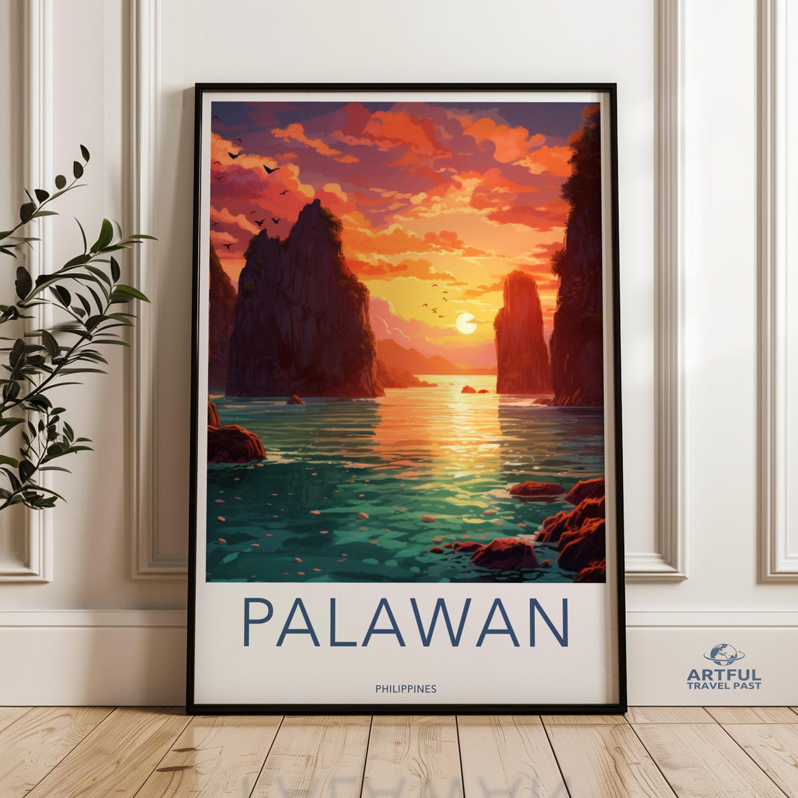 Palawan Philippines Sunset Over Limestone Cliffs Ocean Travel Poster