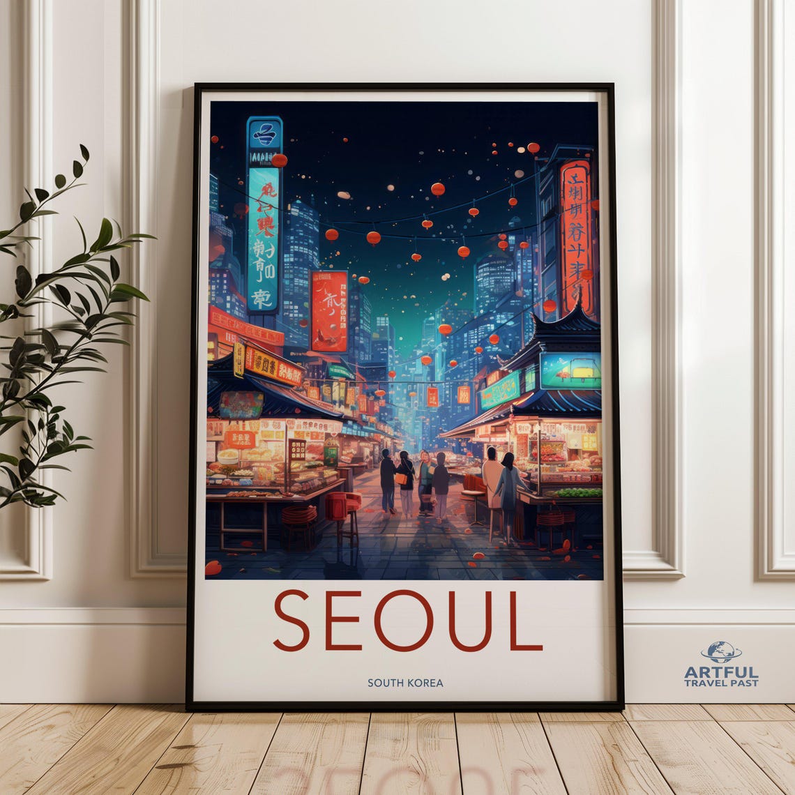 Seoul Night Market Print South Korea Cityscape Art Urban Street Scene Wall Modern City Lights Decor Asian Cultural Poster