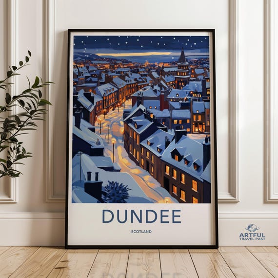 Dundee Scotland Cityscape Wall Art Cozy City Evening Snow Poster Winter Night Scene Print Scottish Urban Decor