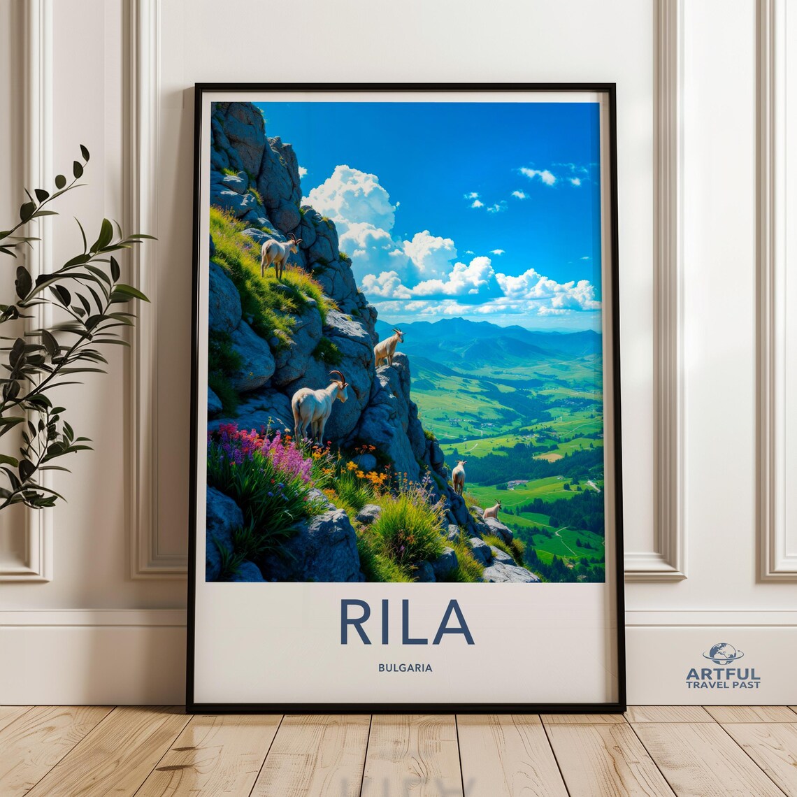 Rila Bulgaria Mountain Goats Cliff Wildflowers Travel Poster