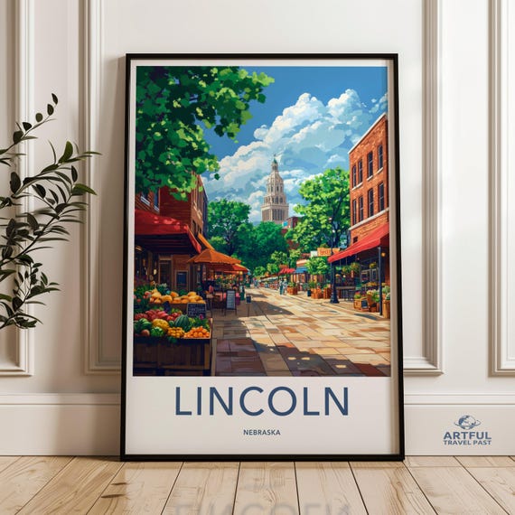 Lincoln Nebraska Street Market Scene Wall Art Vibrant Cityscape Poster Colorful Urban Artwork Print Home Decor Gift