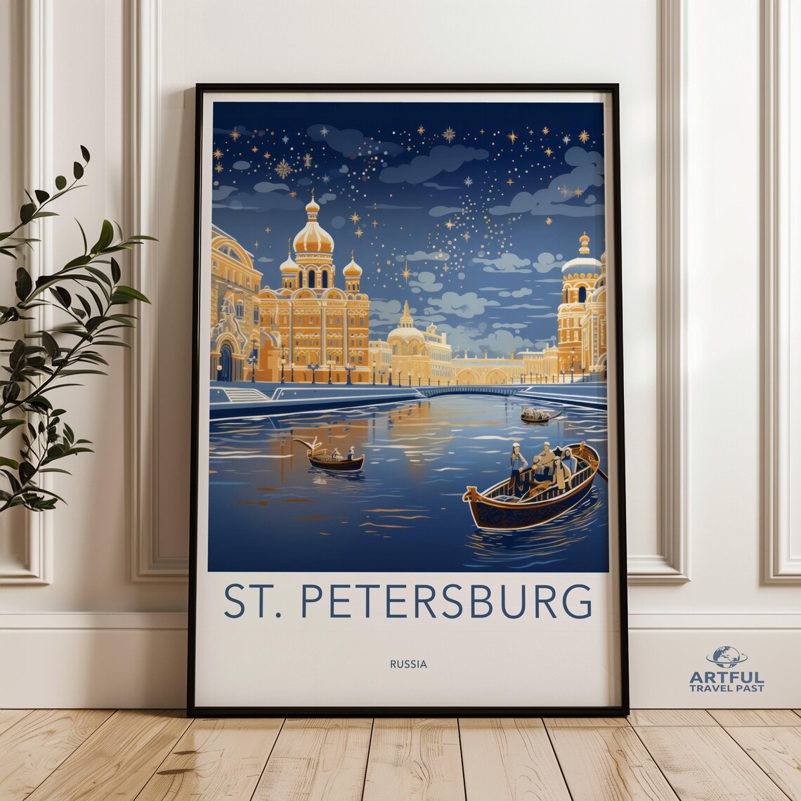 St Petersburg Russia Night Canal Golden Domes Boats Travel Poster