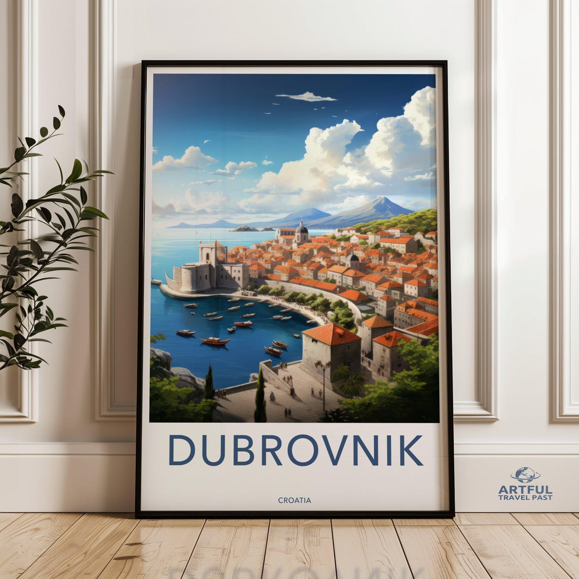 Dubrovnik Croatia Harbor Boats Orange Rooftops Fortress Travel Poster