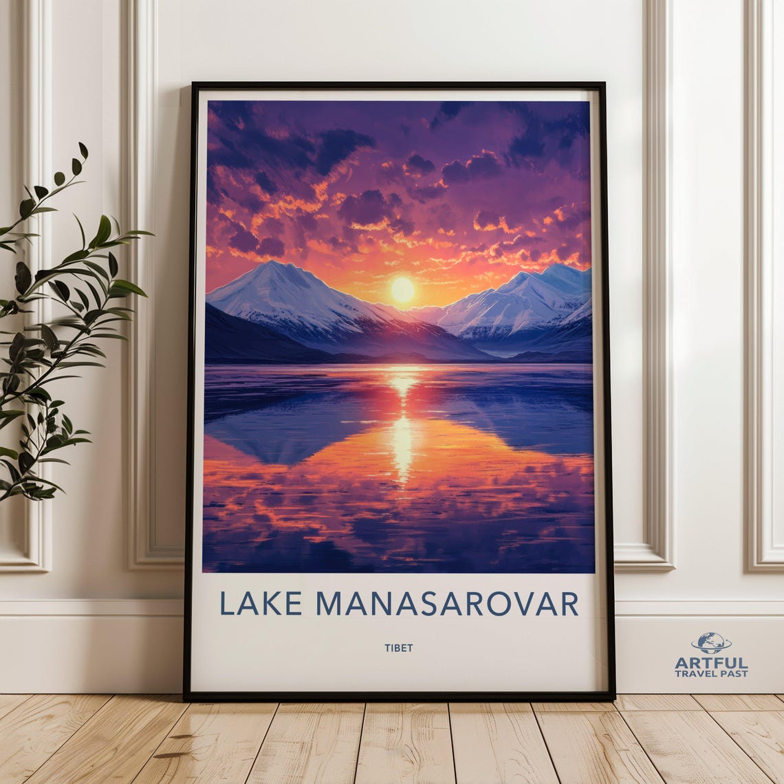 Lake Manasarovar Tibet Sunset Mountain Reflection Travel Poster