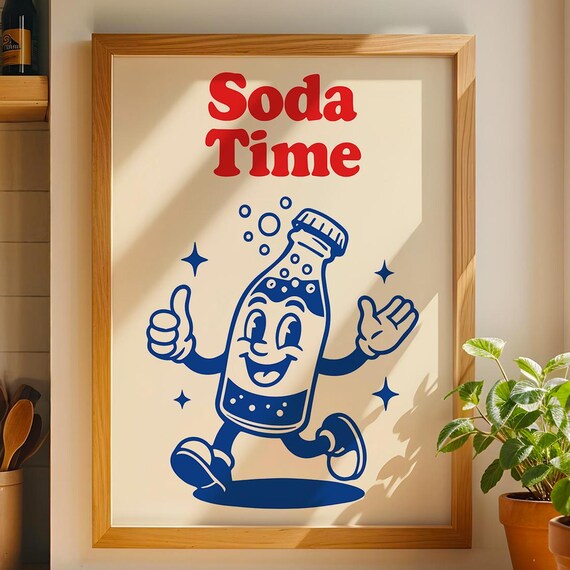 Retro Soda Time Kitchen Poster Vintage Bottle Wall Art Red And Blue Drink Illustration Instant