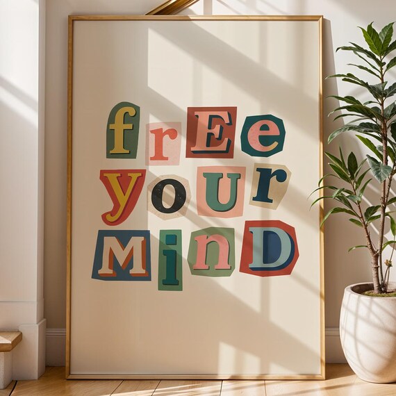 Free Your Mind Poster Retro Typography Wall Art For Inspirational Home Decor Colorful Motivational Print Instant