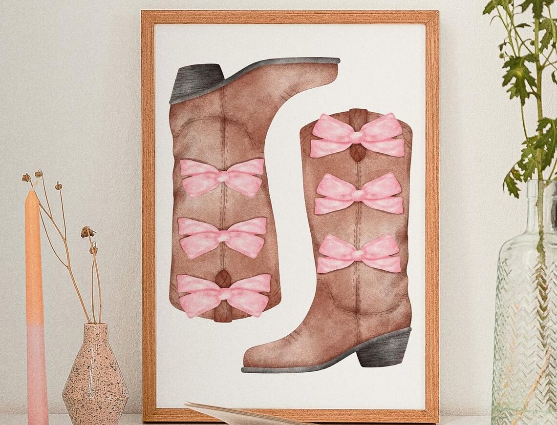 Pink Cowgirl Boots Watercolor Bow Western Girly Nursery Poster