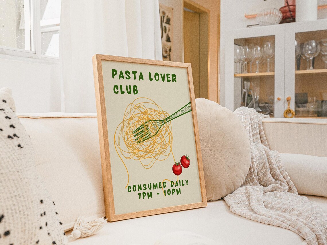 Pasta Lover Club Green Spaghetti Fork Retro Kitchen Food Poster - Image 3