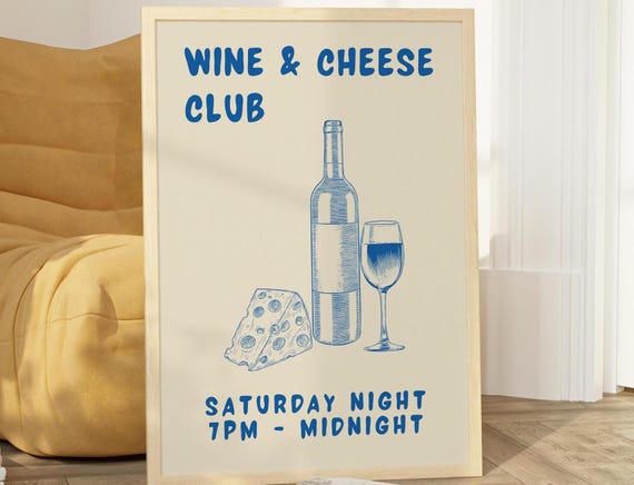 Wine And Cheese Club Saturday Night Blue Line Art Kitchen Poster