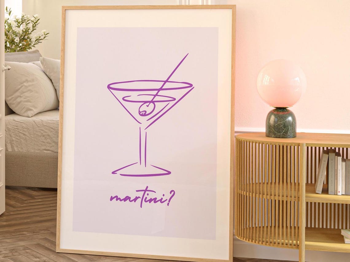 Purple Martini Glass Line Art Playful Kitchen Bar Wall Poster