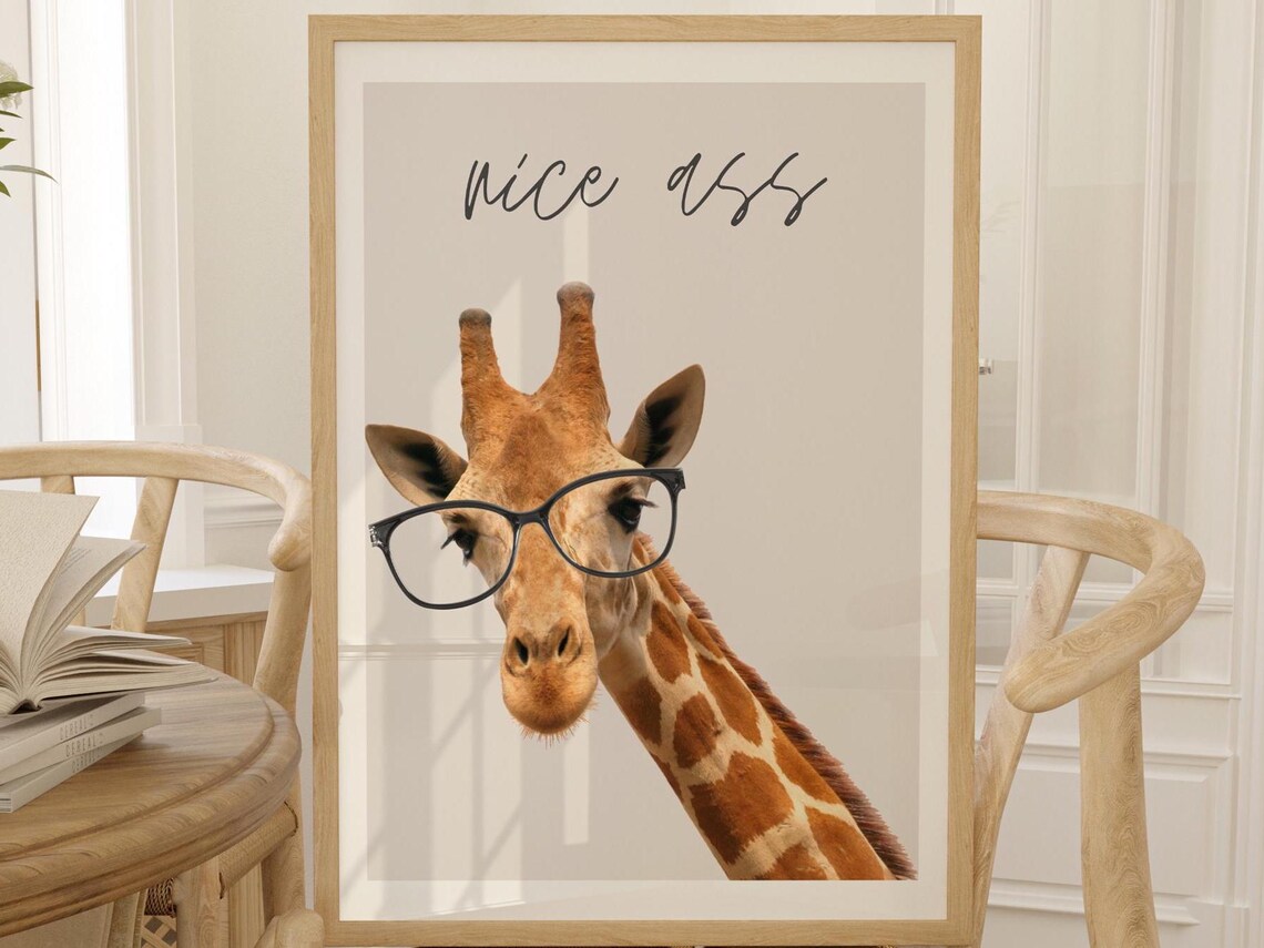 Giraffe Wearing Glasses Cheeky Funny Animal Bathroom Wall Poster